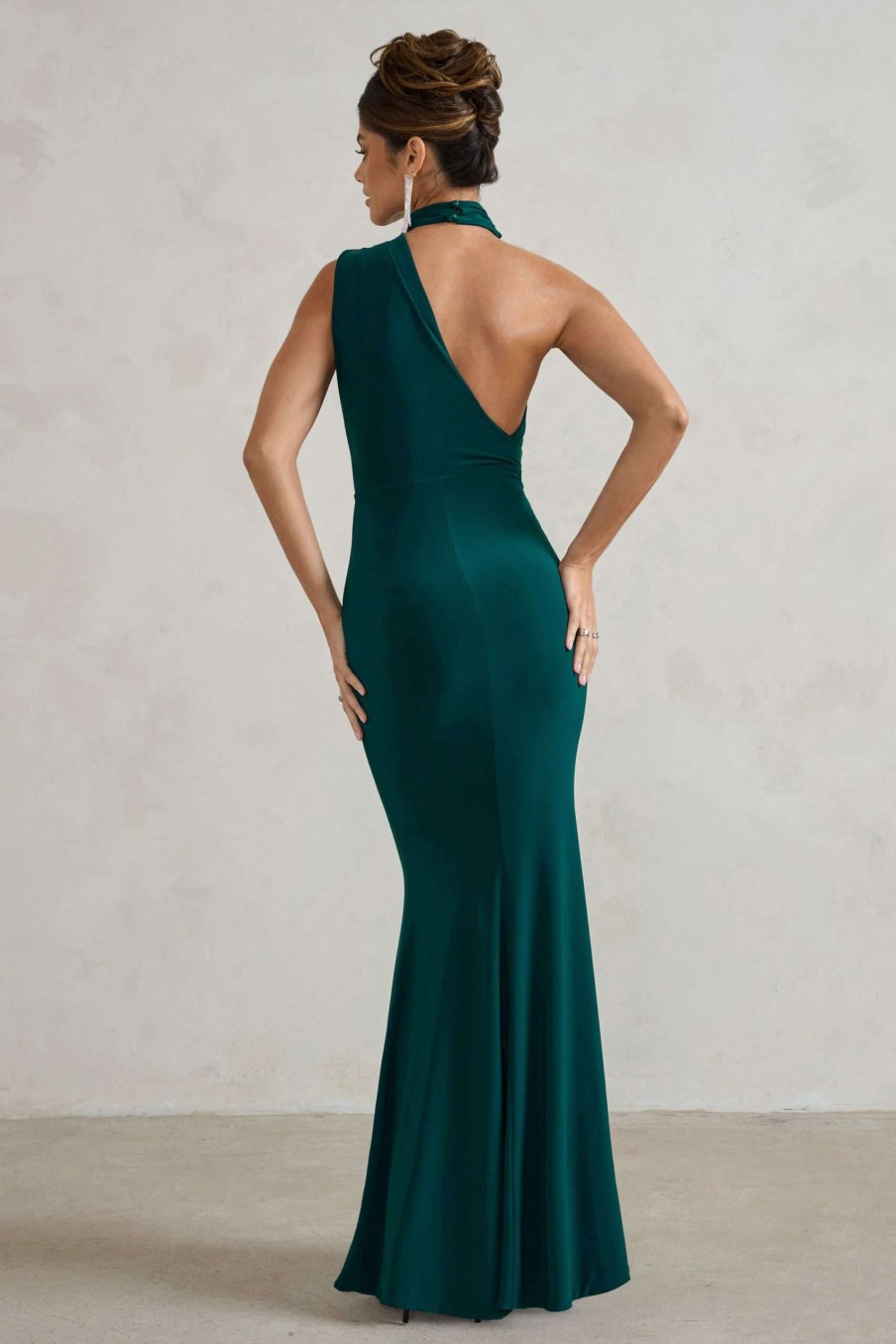 Dresses * | Capucine | Bottle Green Asymmetric Draped Maxi Dress Club L London Clearance Sale