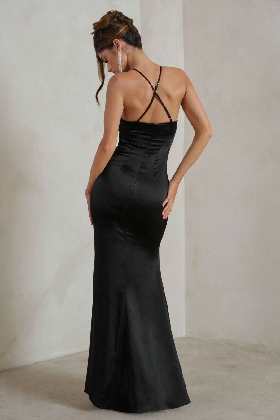 Dresses * | Ami | Black Satin Plunge Fishtail Maxi Dress Club L London Quick Delivery