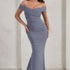 Dresses * | Apolline | Grey Off The Shoulder Ruched Fishtail Maxi Dress Club L London Hot Sell