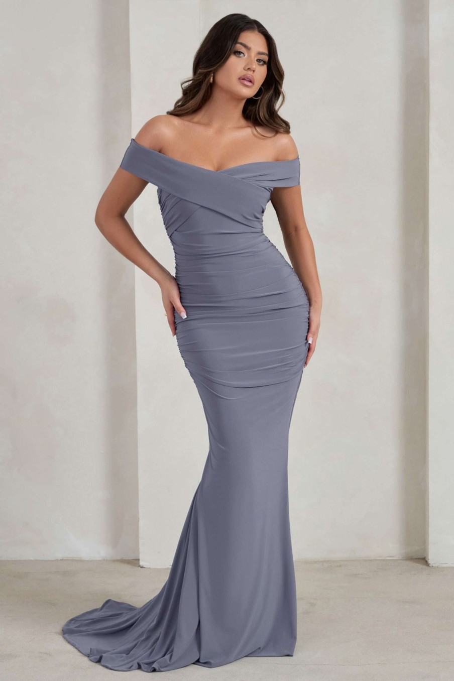 Dresses * | Apolline | Grey Off The Shoulder Ruched Fishtail Maxi Dress Club L London Hot Sell