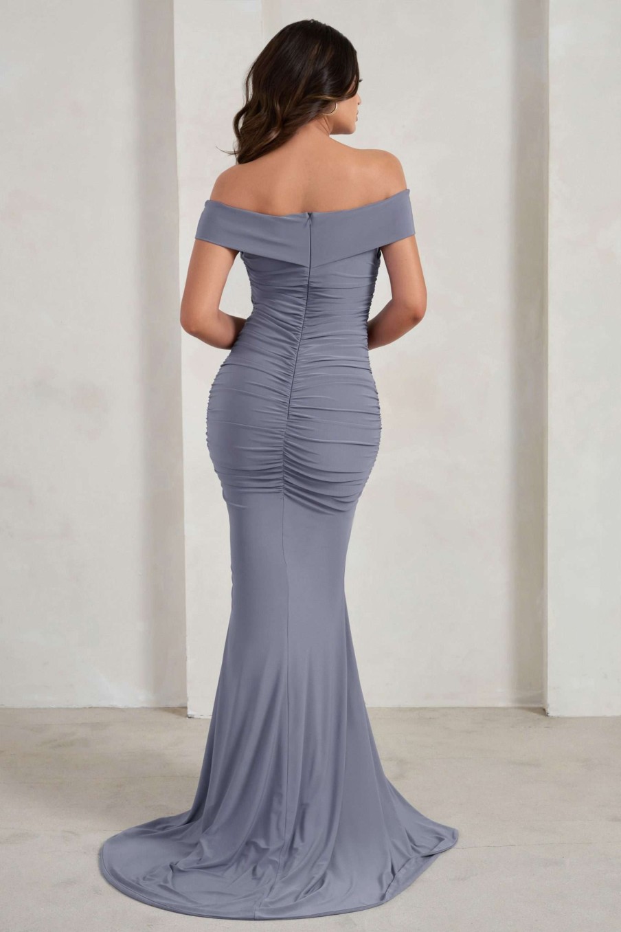 Dresses * | Apolline | Grey Off The Shoulder Ruched Fishtail Maxi Dress Club L London Hot Sell