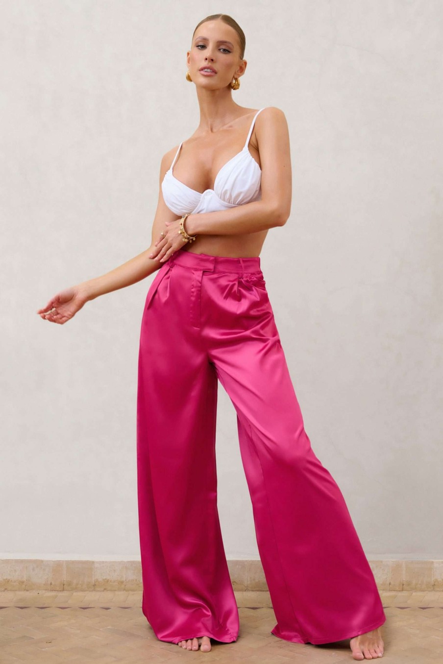 Clothing * | Desire Me | Hot Pink Satin High Waist Wide Leg Pants Club L London Tendy Style