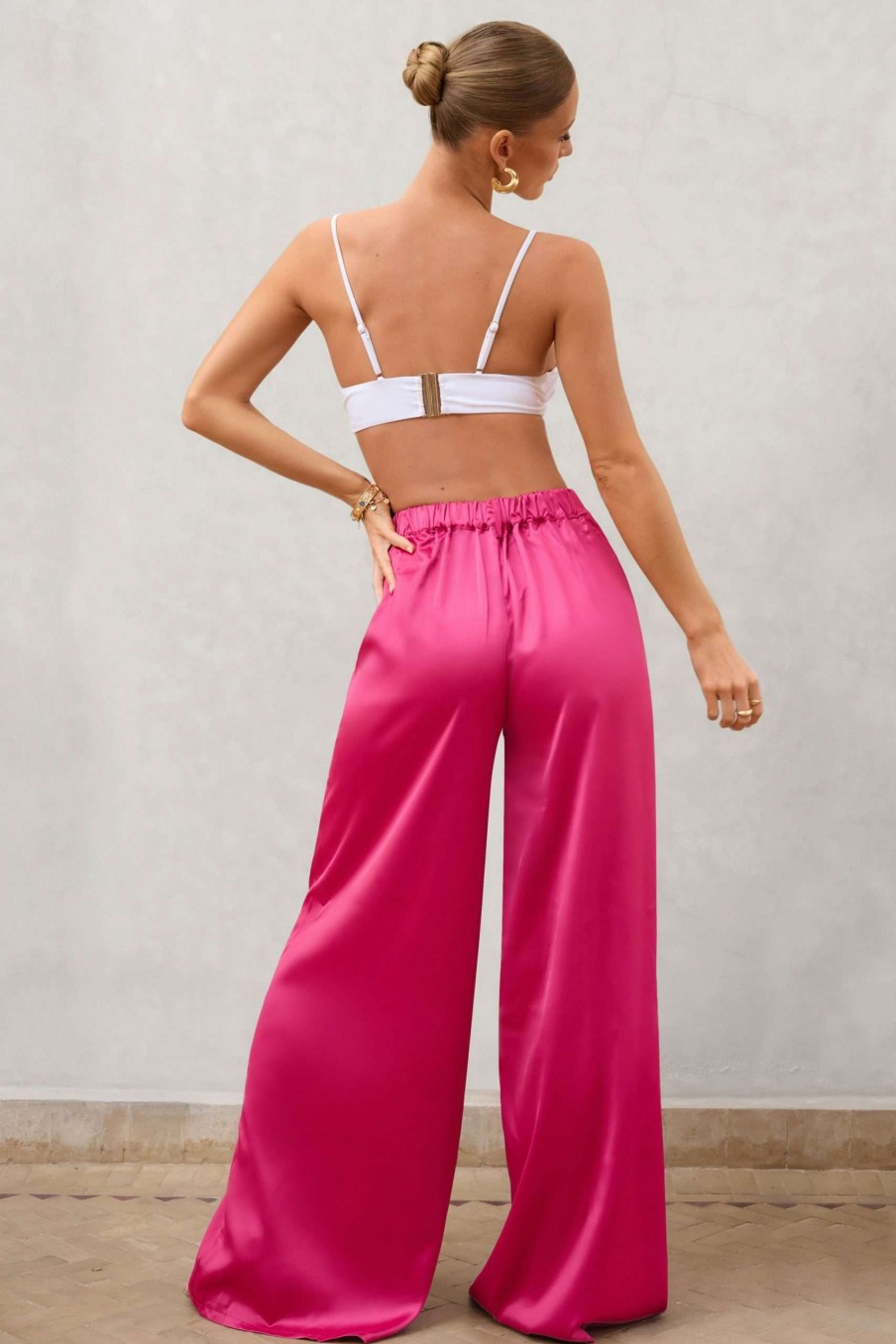 Clothing * | Desire Me | Hot Pink Satin High Waist Wide Leg Pants Club L London Tendy Style