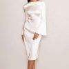 Dresses * | Zaina | White Long Sleeve Midi Dress With High Neckline Club L London Original