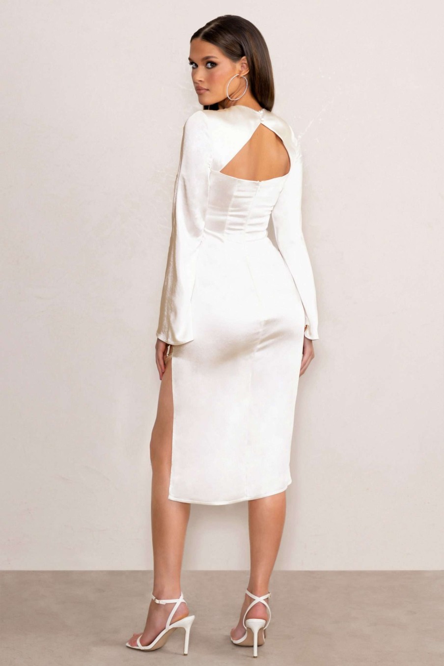 Dresses * | Zaina | White Long Sleeve Midi Dress With High Neckline Club L London Original