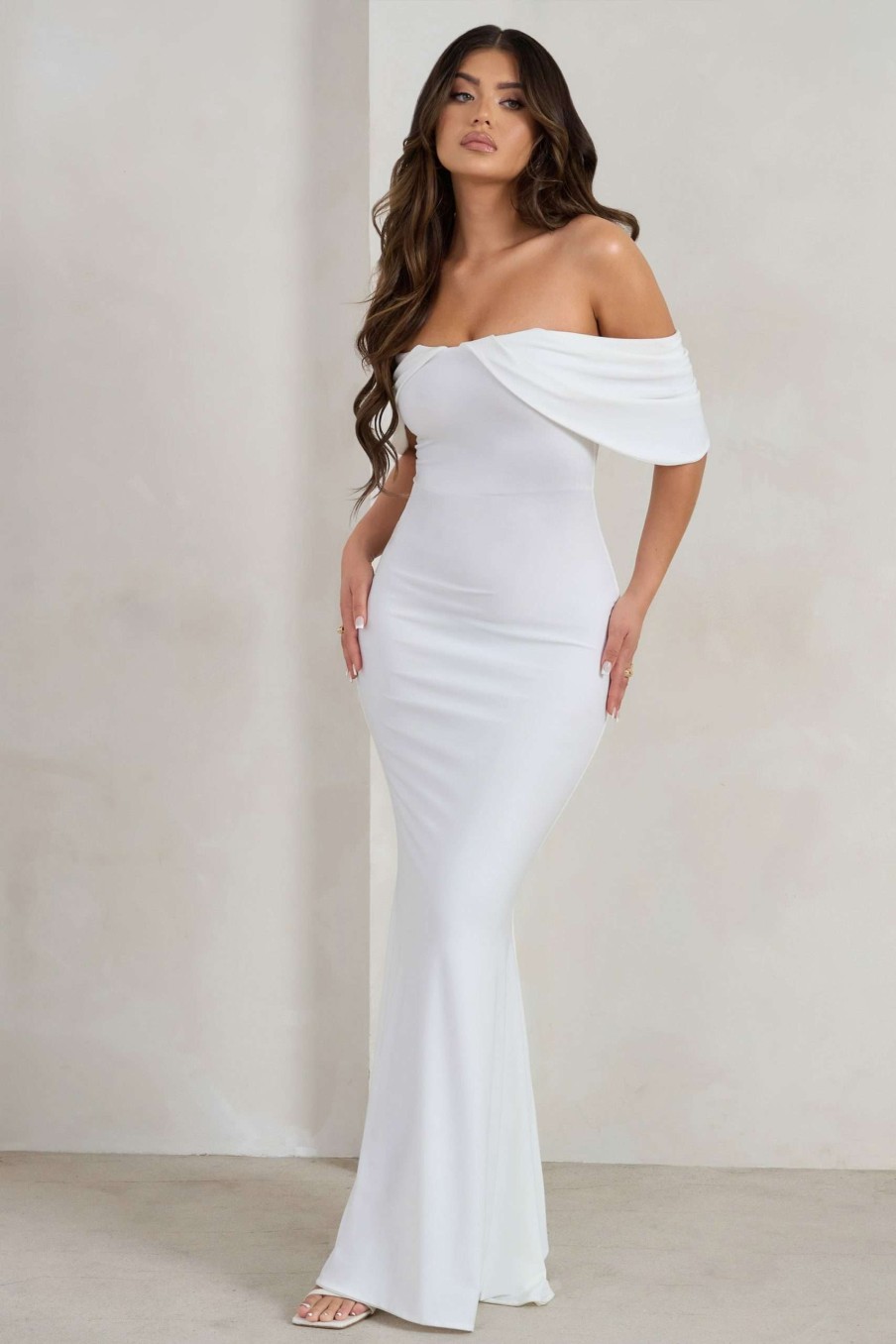 Dresses * | Gabrielle | White Bardot Neckline With Drape Sleeves Maxi Dress Club L London Promotion