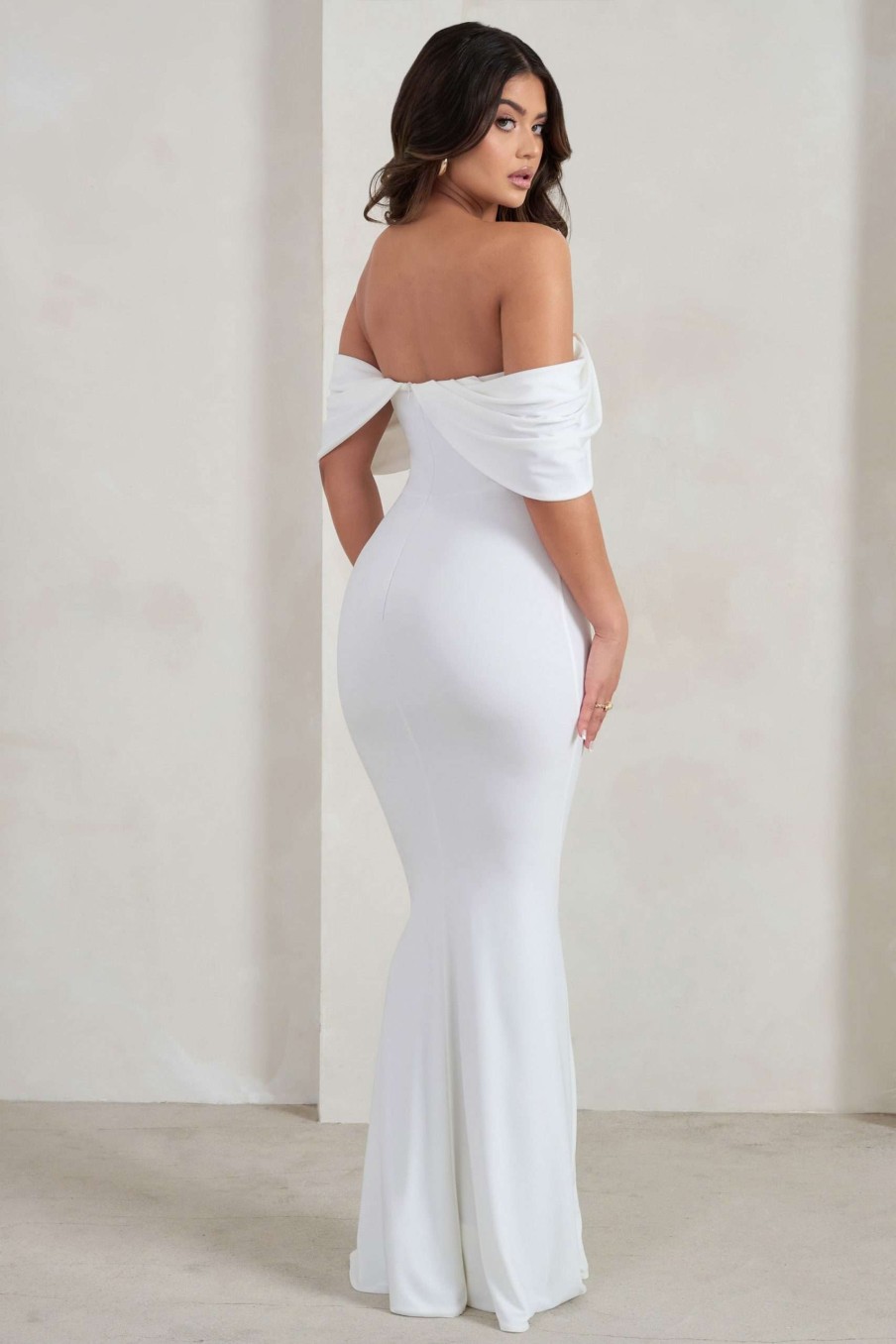 Dresses * | Gabrielle | White Bardot Neckline With Drape Sleeves Maxi Dress Club L London Promotion