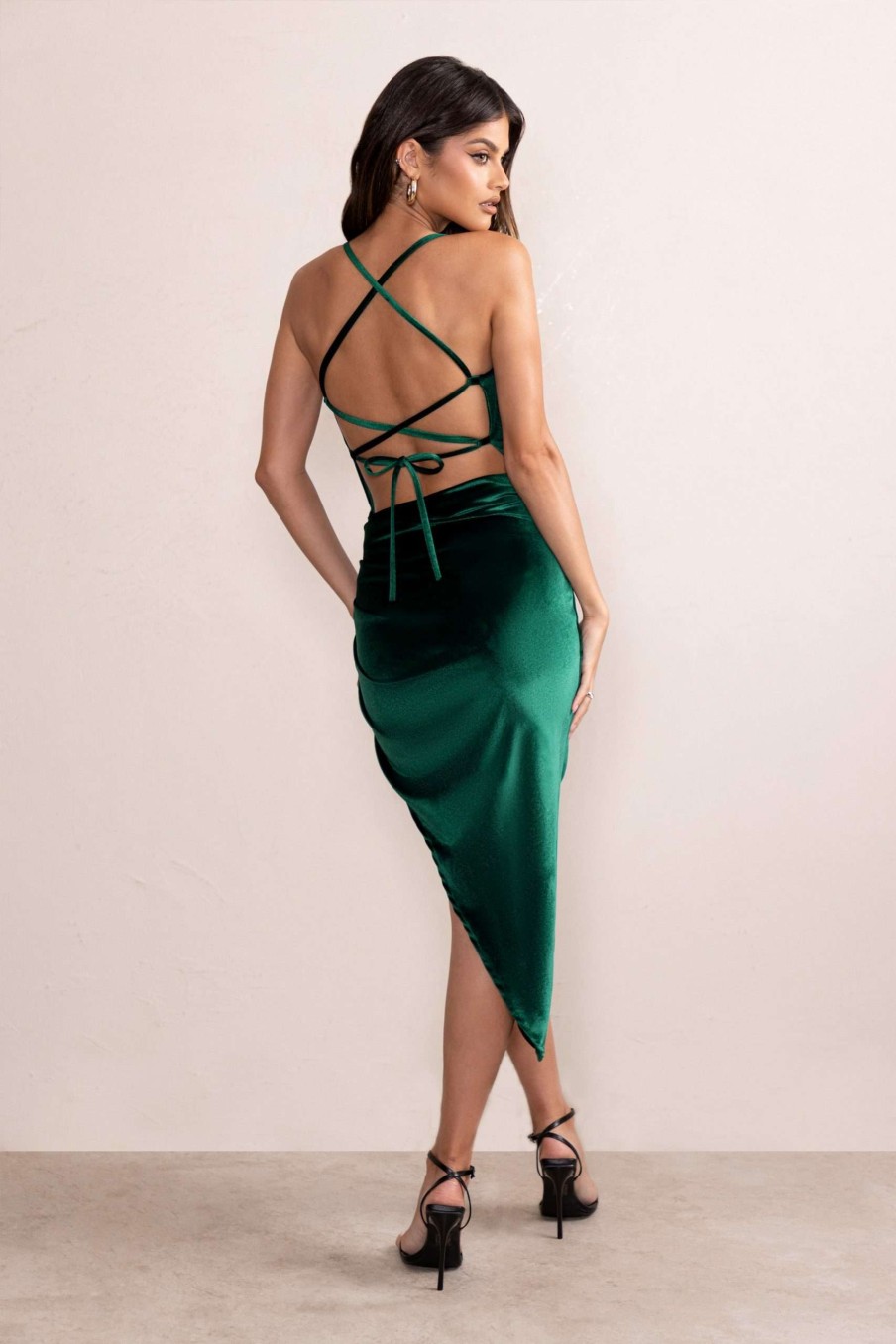 Dresses * | Risk It All | Bottle Green Velvet Cami Cowl Neck Asymmetric Hem Midi Dress Club L London Promotion