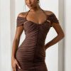 Dresses * | Catch Me | Chocolate Brown Bardot Ruched Mini Dress Club L London Crazy Deals