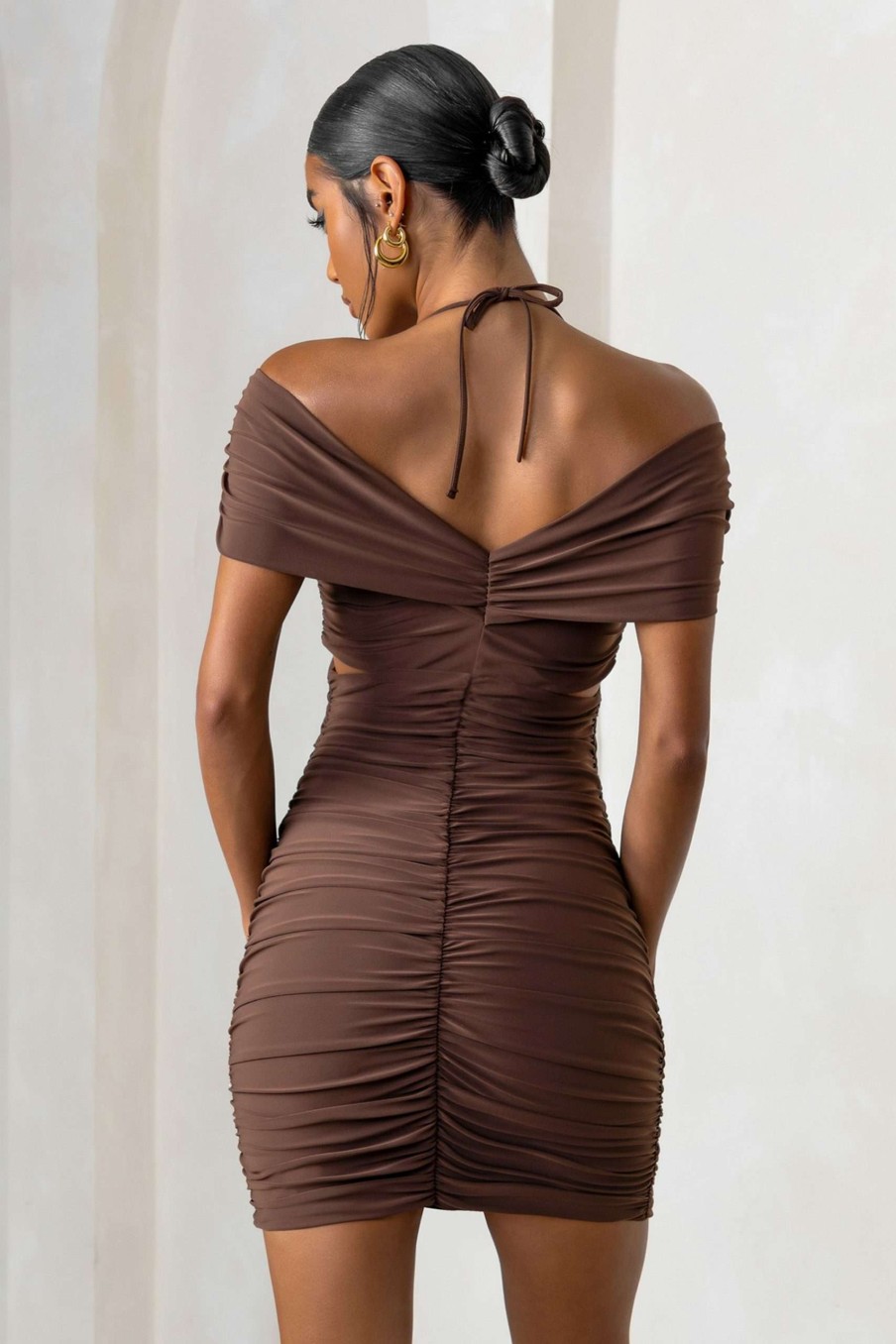 Dresses * | Catch Me | Chocolate Brown Bardot Ruched Mini Dress Club L London Crazy Deals