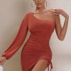 Dresses * | Rise Above | Rust One Shoulder Ruched Midi Dress Club L London Hot Sell