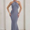 Dresses * | Genevieve | Grey Twist High Neck Drape Detail Maxi Dress Club L London Shop