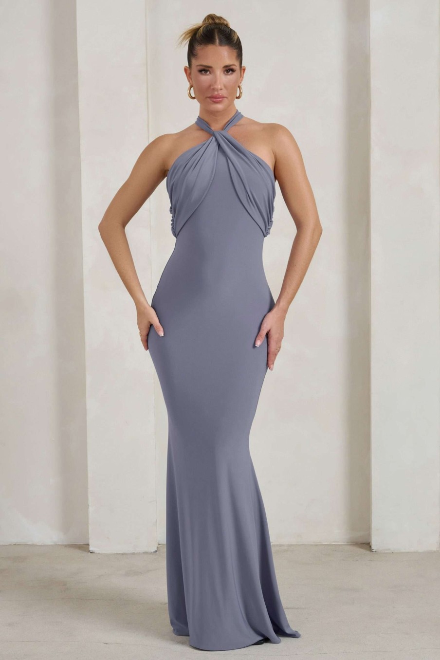 Dresses * | Genevieve | Grey Twist High Neck Drape Detail Maxi Dress Club L London Shop