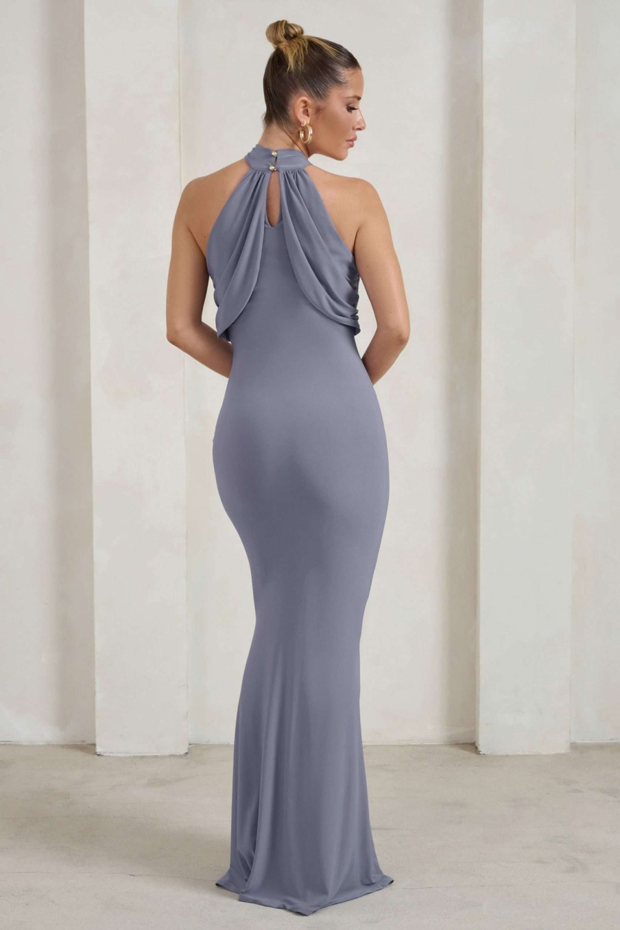 Dresses * | Genevieve | Grey Twist High Neck Drape Detail Maxi Dress Club L London Shop