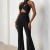 Clothing * | Follow My Lead | Black Wide Leg Jumpsuit With Wrap Over Twist Detail Club L London Top Sell