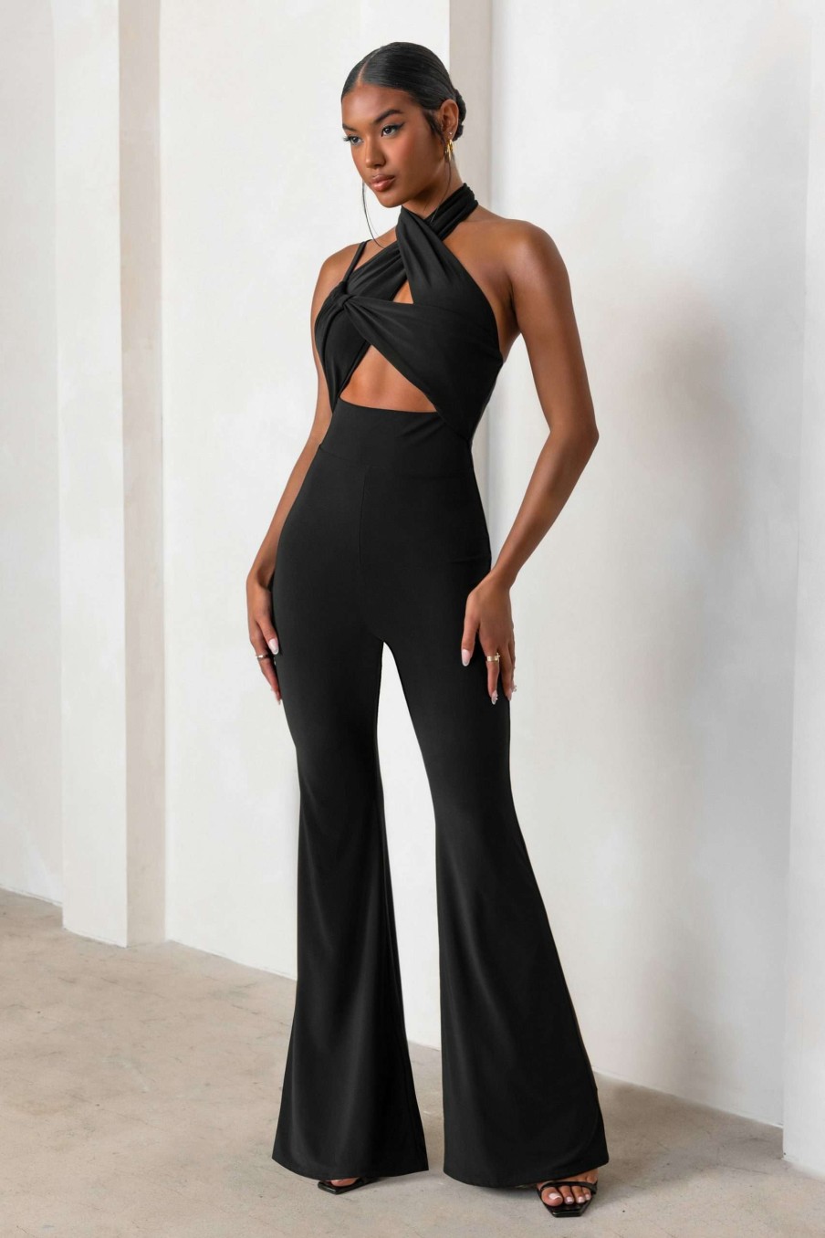 Clothing * | Follow My Lead | Black Wide Leg Jumpsuit With Wrap Over Twist Detail Club L London Top Sell