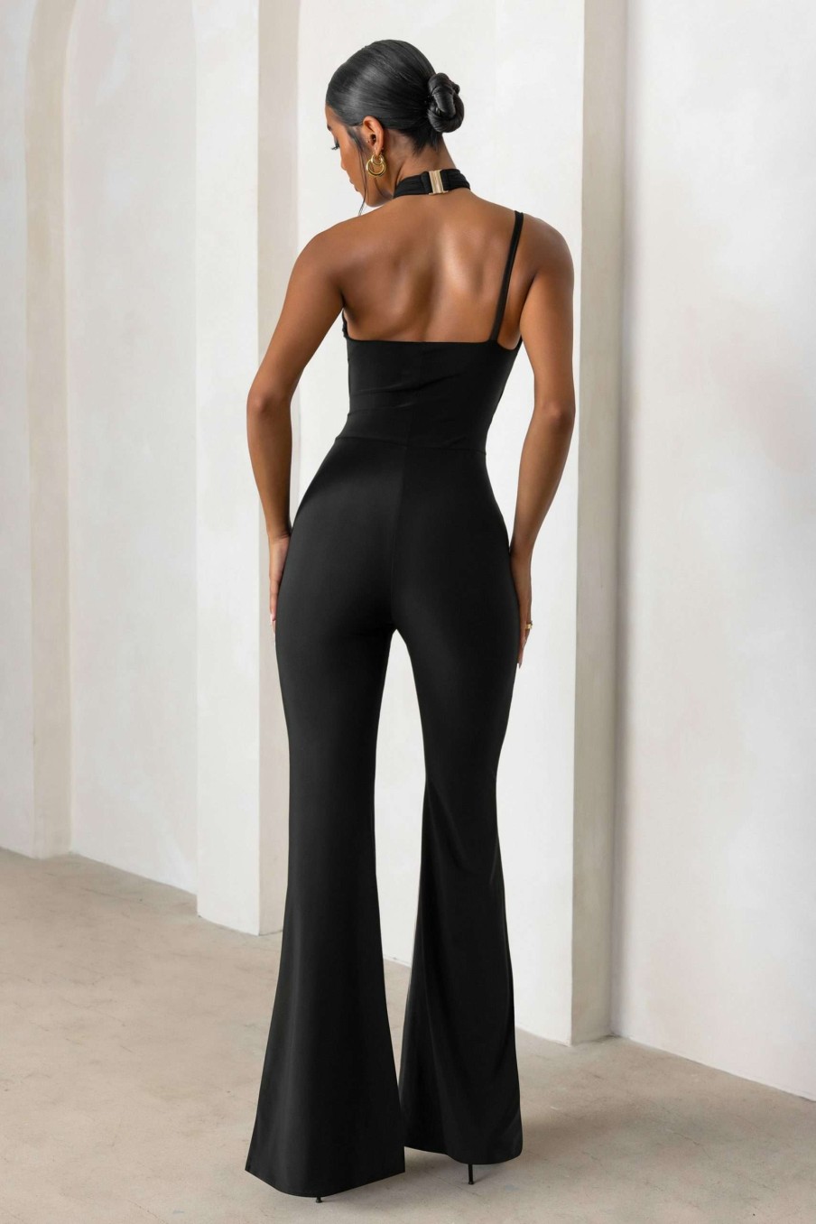 Clothing * | Follow My Lead | Black Wide Leg Jumpsuit With Wrap Over Twist Detail Club L London Top Sell