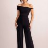 Clothing * | Avery | Black Asymmetric Bardot Ruched Jumpsuit With Wide Leg Club L London Exclusive Design