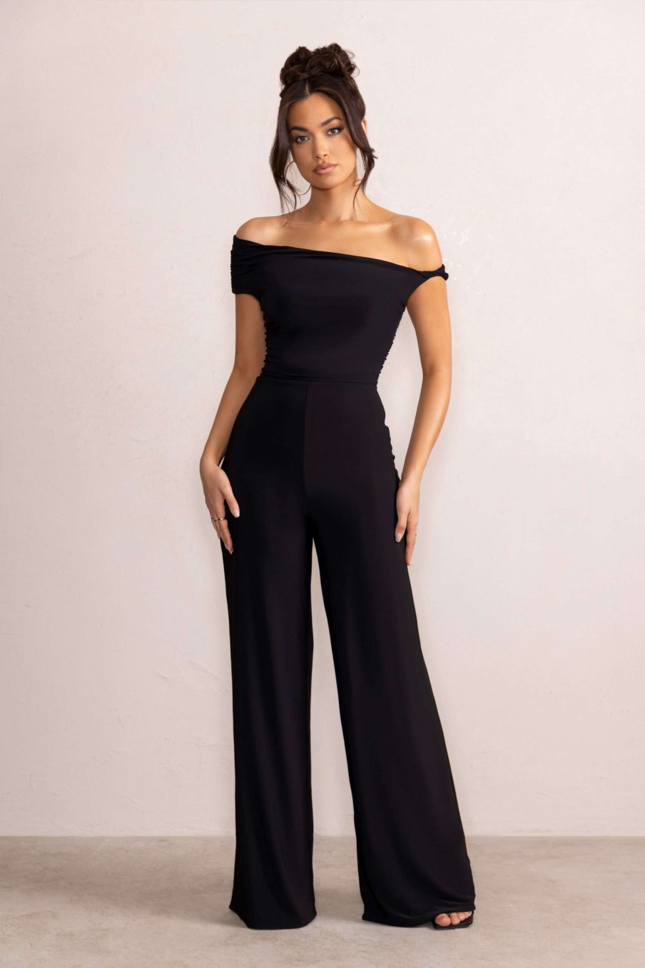 Clothing * | Avery | Black Asymmetric Bardot Ruched Jumpsuit With Wide Leg Club L London Exclusive Design