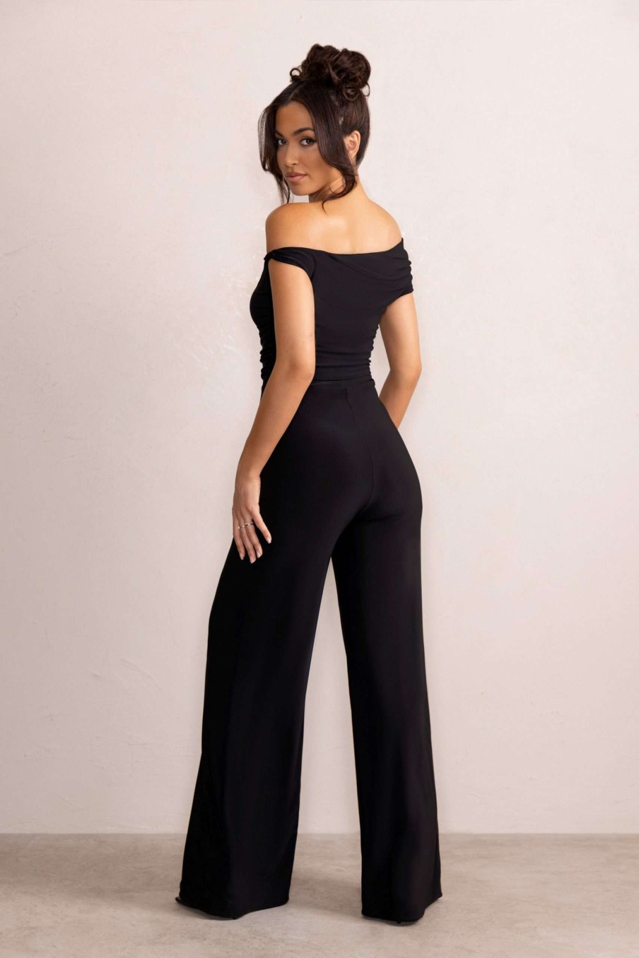 Clothing * | Avery | Black Asymmetric Bardot Ruched Jumpsuit With Wide Leg Club L London Exclusive Design