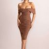 Dresses * | Love Me | Chocolate Off The Shoulders Ruched Midi Dress Club L London Free Delivery