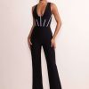 Clothing * | Alison | Black Shaped Plunge Jumpsuit With Diamante Trim Detail Club L London New Arrivals