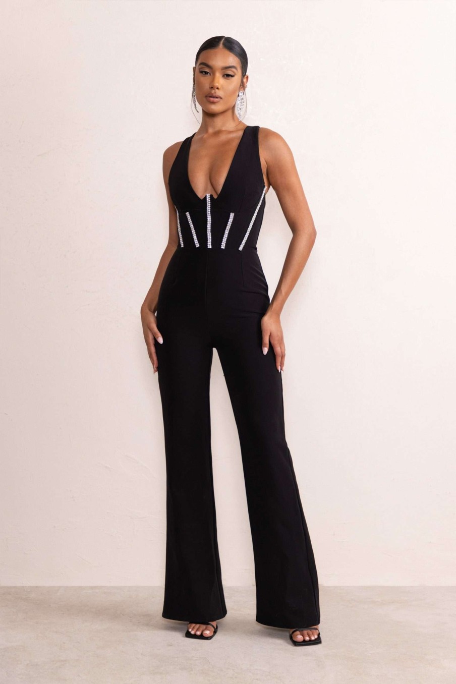 Clothing * | Alison | Black Shaped Plunge Jumpsuit With Diamante Trim Detail Club L London New Arrivals