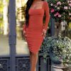 Dresses * | Seductress | Rust Long Sleeve Square Neck Ruched Midi Dress Club L London Clearance