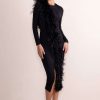 Dresses * | Claire | Black High Neck Split Front Long Sleeve Midi Dress With Feather Detail Club L London Discount Sale