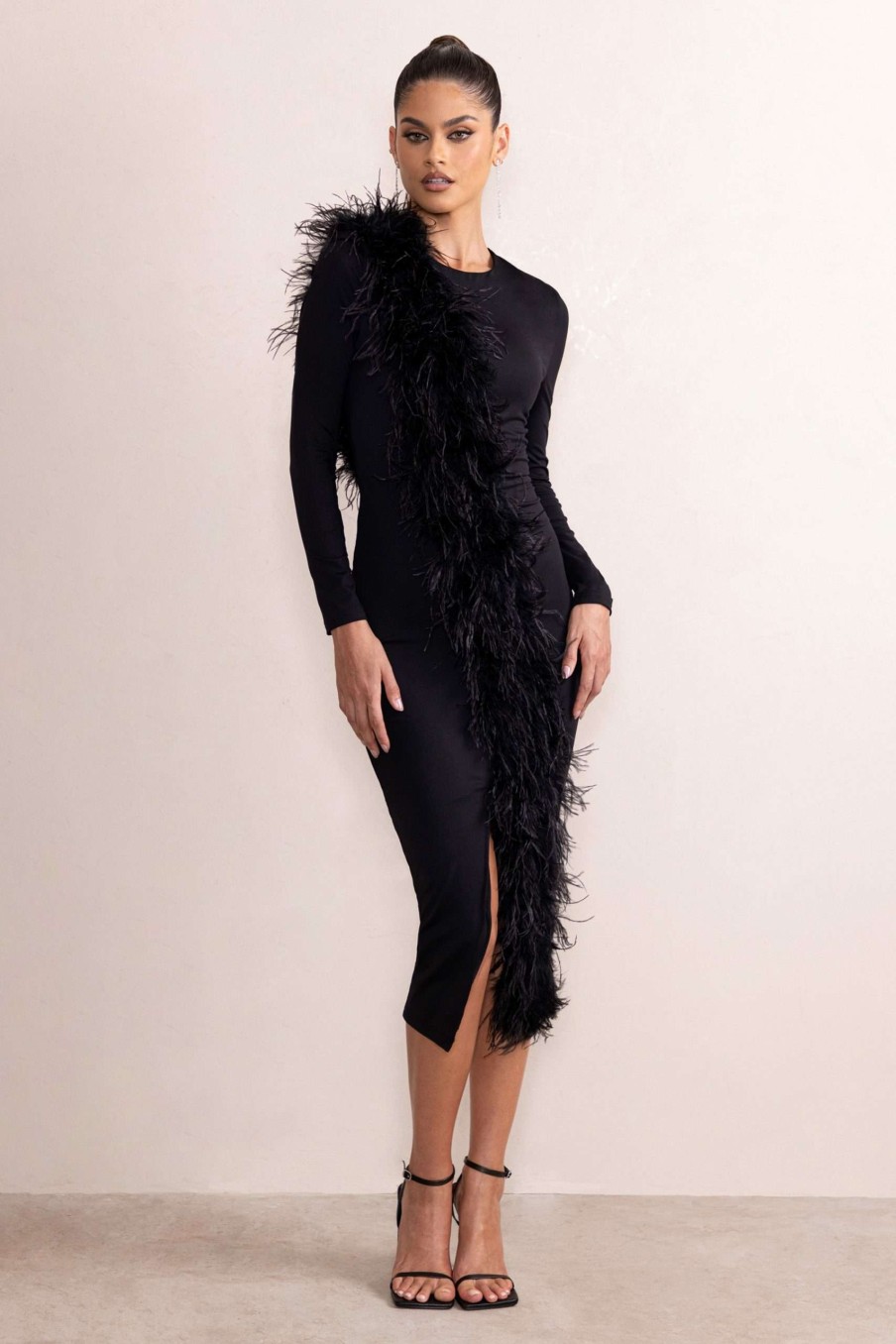 Dresses * | Claire | Black High Neck Split Front Long Sleeve Midi Dress With Feather Detail Club L London Discount Sale