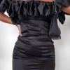 Dresses * | Black Satin Ruffle Sleeve Bardot Mini Dress Club L London Discount Online