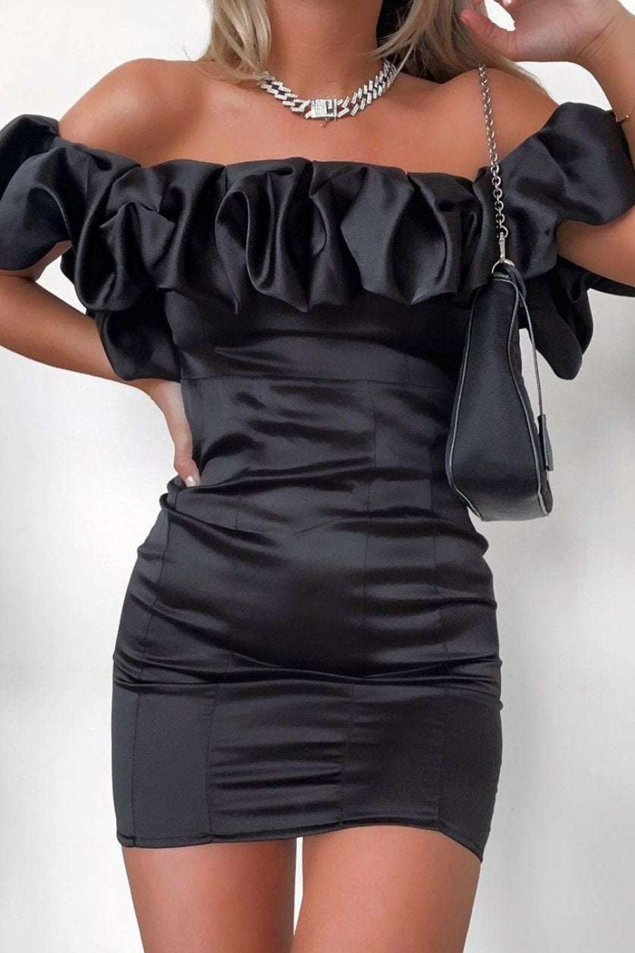 Dresses * | Black Satin Ruffle Sleeve Bardot Mini Dress Club L London Discount Online