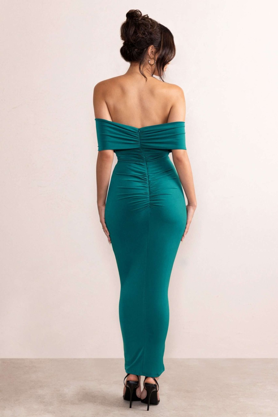 Dresses * | Naomi | Teal Layered Bardot Maxi Dress With Side Split Club L London Discount Sale