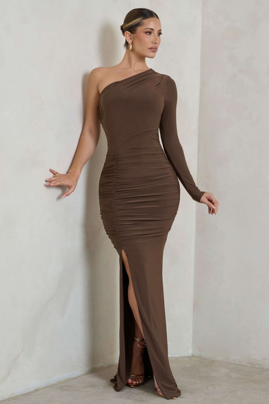 Dresses * | Doll | Brown Asymmetric One Sleeve Ruched Maxi Dress Club L London Flash Sale