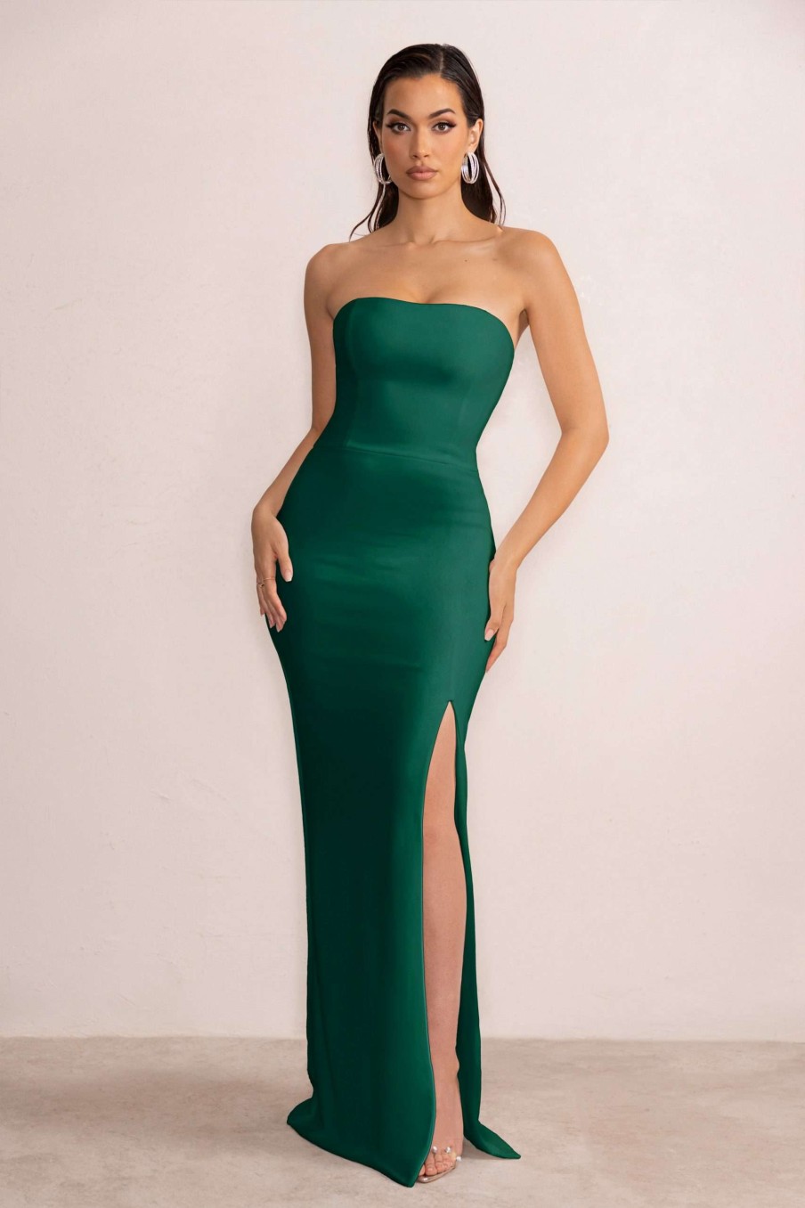 Dresses * | Belle Of The Ball | Bottle Green Bandeau Maxi Dress With Split Hem Club L London Top Sell