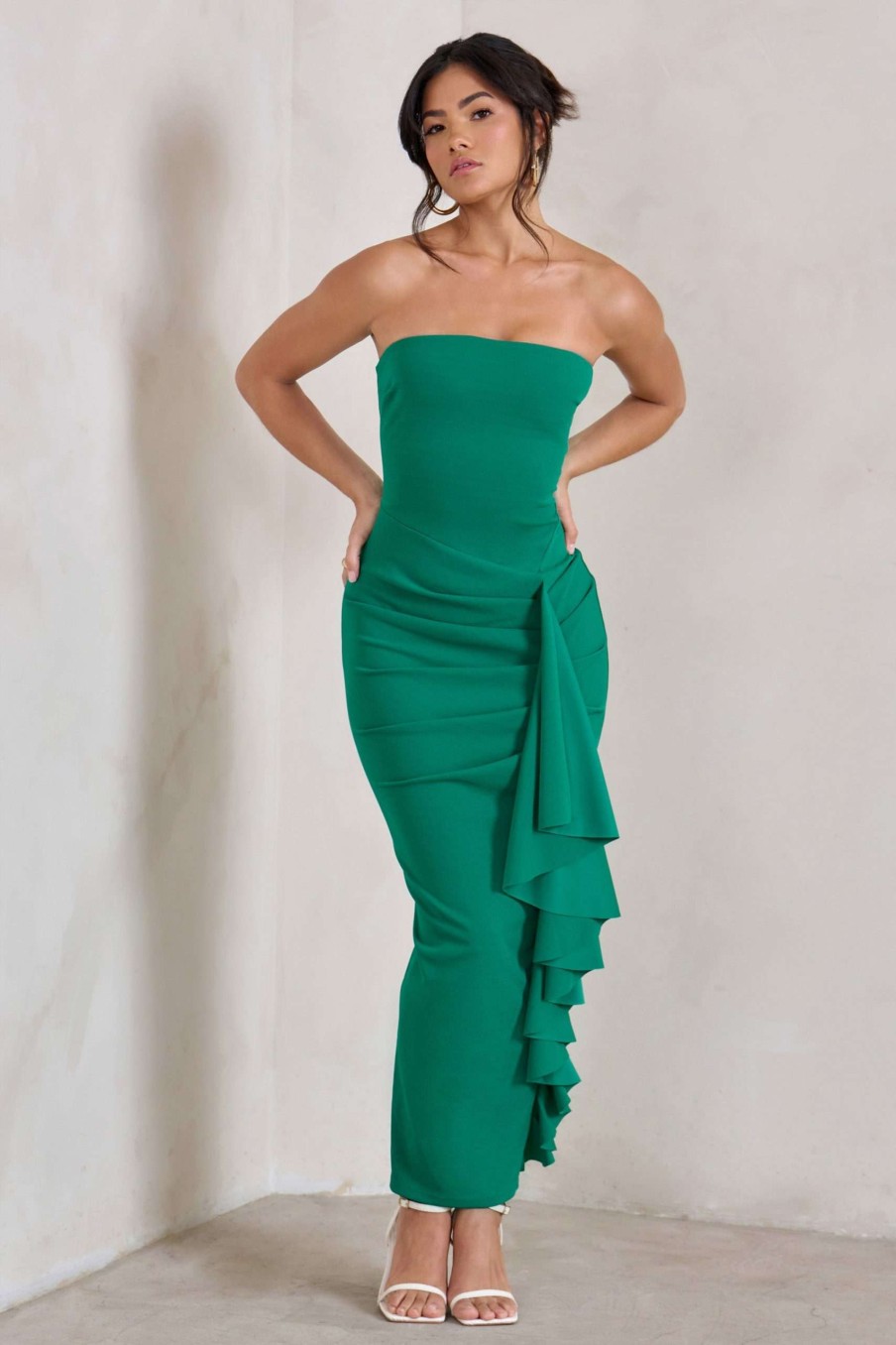 Dresses * | Fleur | Green Bandeau Ruffle Maxi Dress Club L London Low Price