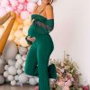 Maternity * | Baby Baby | Bottle Green Maternity Ruched Bardot Jumpsuit Club L London Hot Sell