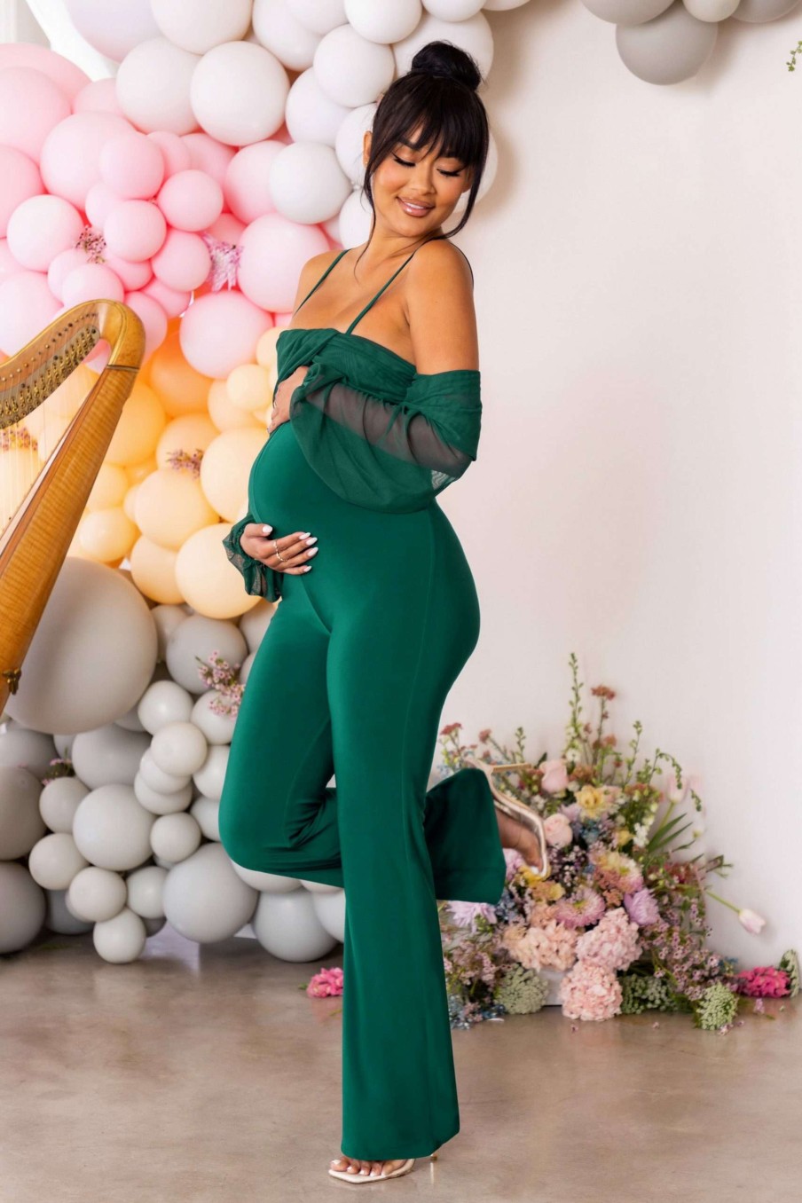 Maternity * | Baby Baby | Bottle Green Maternity Ruched Bardot Jumpsuit Club L London Hot Sell