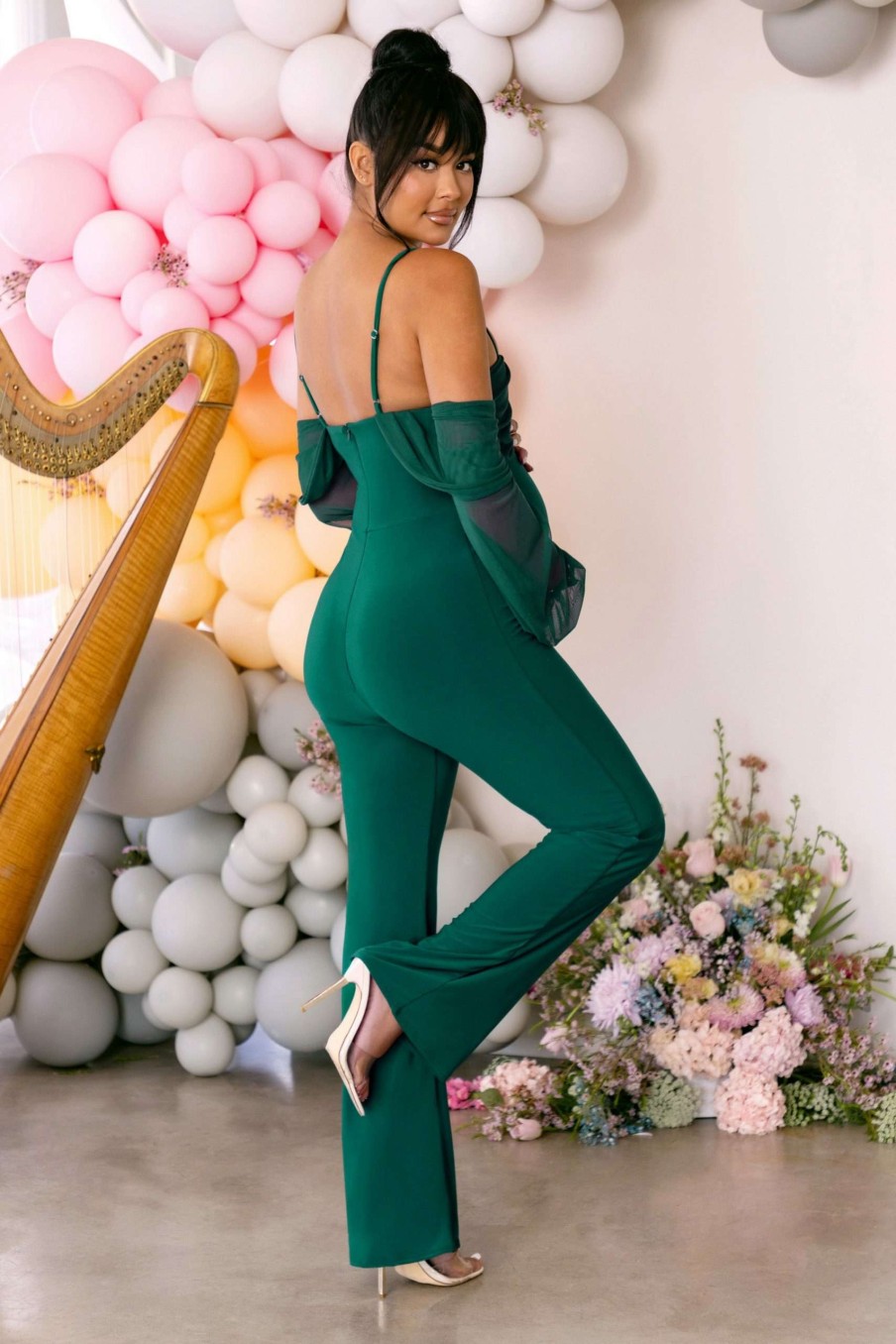 Maternity * | Baby Baby | Bottle Green Maternity Ruched Bardot Jumpsuit Club L London Hot Sell