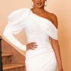 Dresses * | Rsvp | Ivory Asymmetric Volume Sleeve Draped Feather Mini Dress Club L London Free Delivery