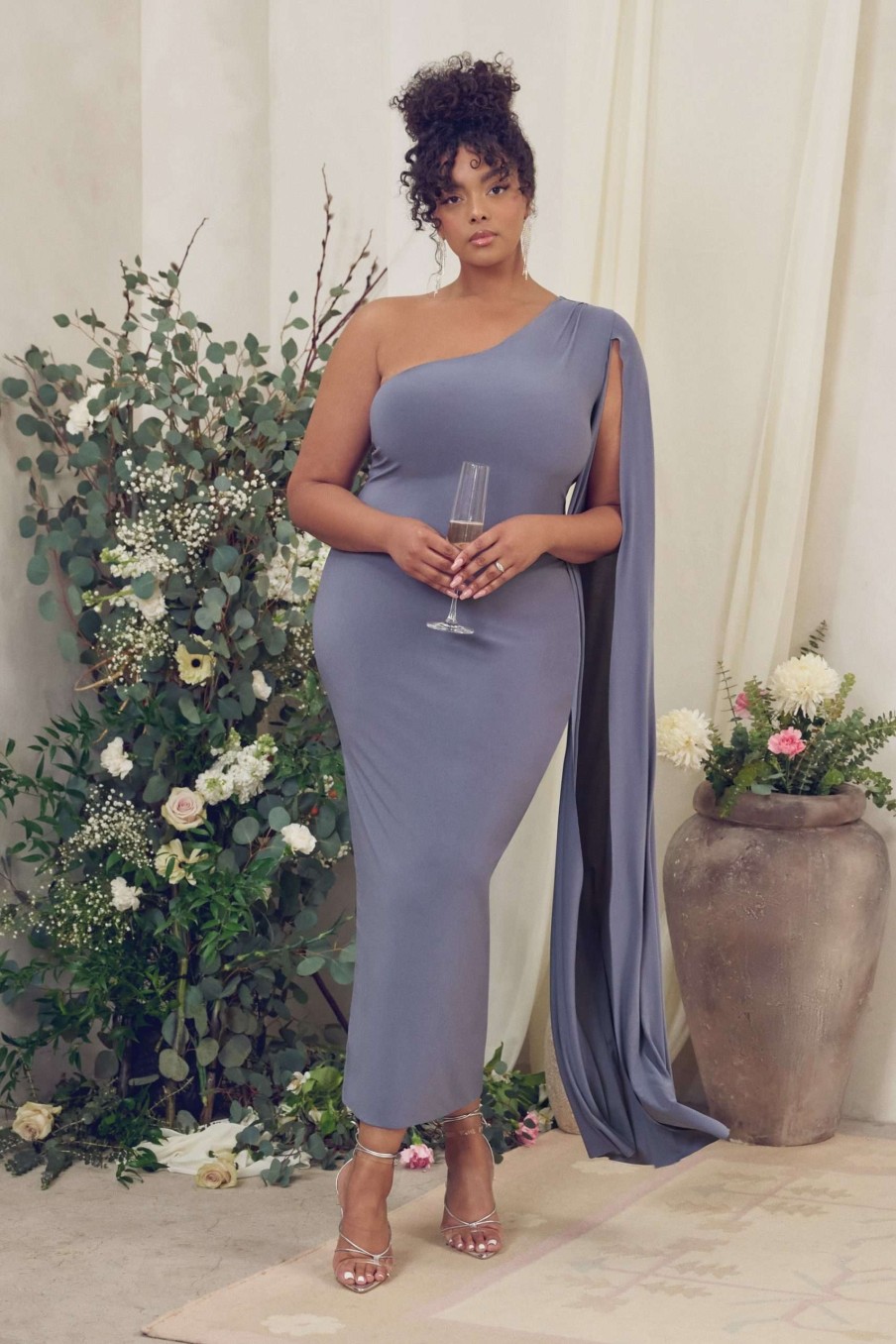 Dresses * | Dominique | Grey One Shoulder Cape Sleeve Bodycon Maxi Dress Club L London Best Sellers