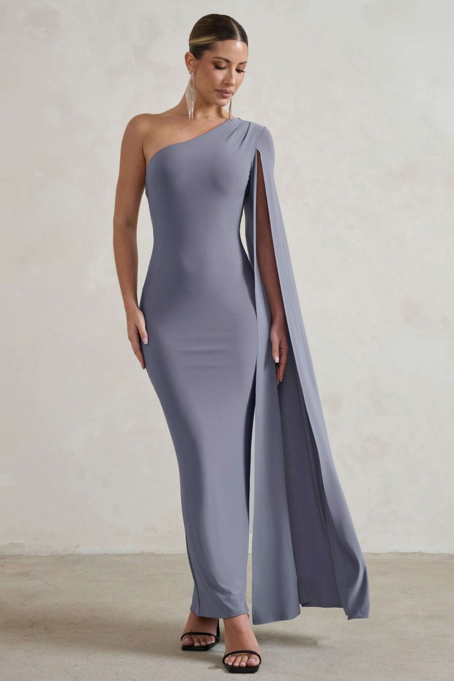 Dresses * | Dominique | Grey One Shoulder Cape Sleeve Bodycon Maxi Dress Club L London Best Sellers