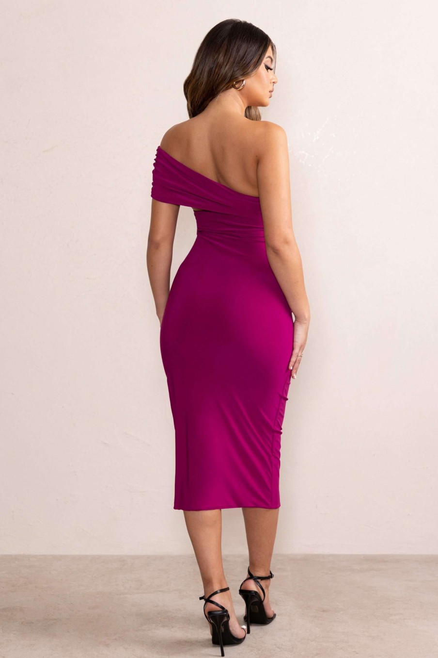 Dresses * | Odelia | Orchid One Shoulder Bardot Ruched Midi Dress Club L London Good Quality