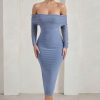 Dresses * | Only You | Ice Blue Ruched Mesh Bardot Midi Dress Club L London Exclusive Design