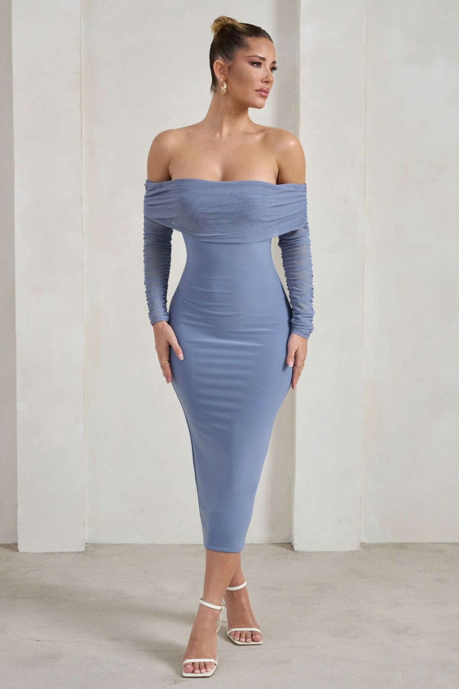 Dresses * | Only You | Ice Blue Ruched Mesh Bardot Midi Dress Club L London Exclusive Design