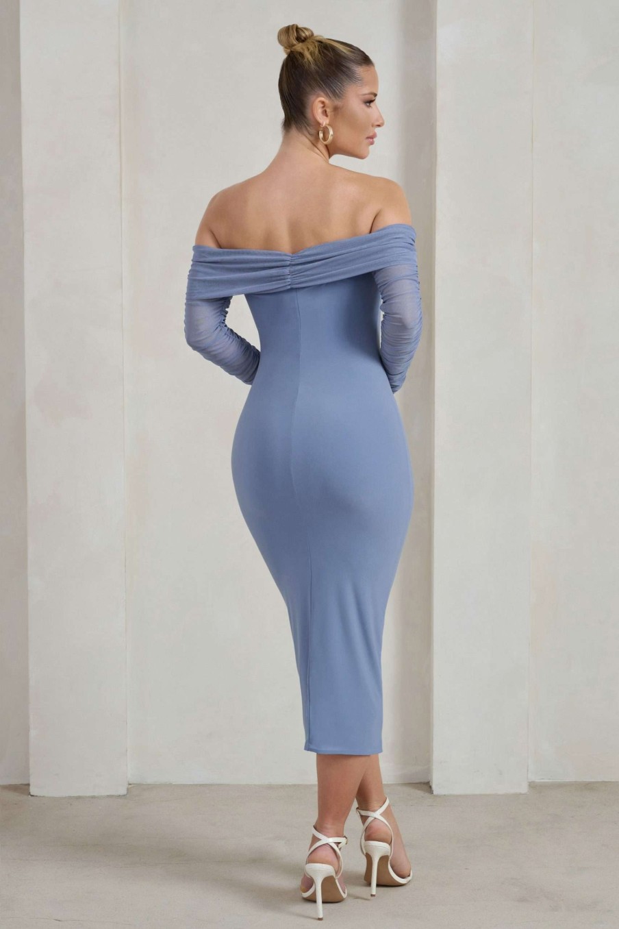 Dresses * | Only You | Ice Blue Ruched Mesh Bardot Midi Dress Club L London Exclusive Design