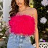 Clothing * | Dream Daze | Hot Pink Feather Bandeau Crop Top Club L London Sale Online