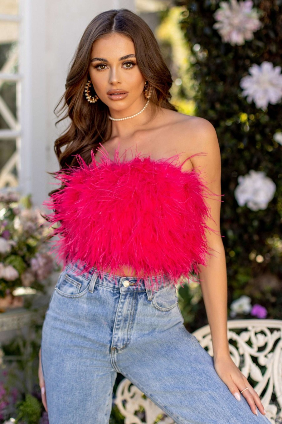 Clothing * | Dream Daze | Hot Pink Feather Bandeau Crop Top Club L London Sale Online