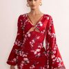 Dresses * | Aubrey | Red Floral Print Plunge Neck Kimono Sleeve Mini Dress Club L London Hot Selling