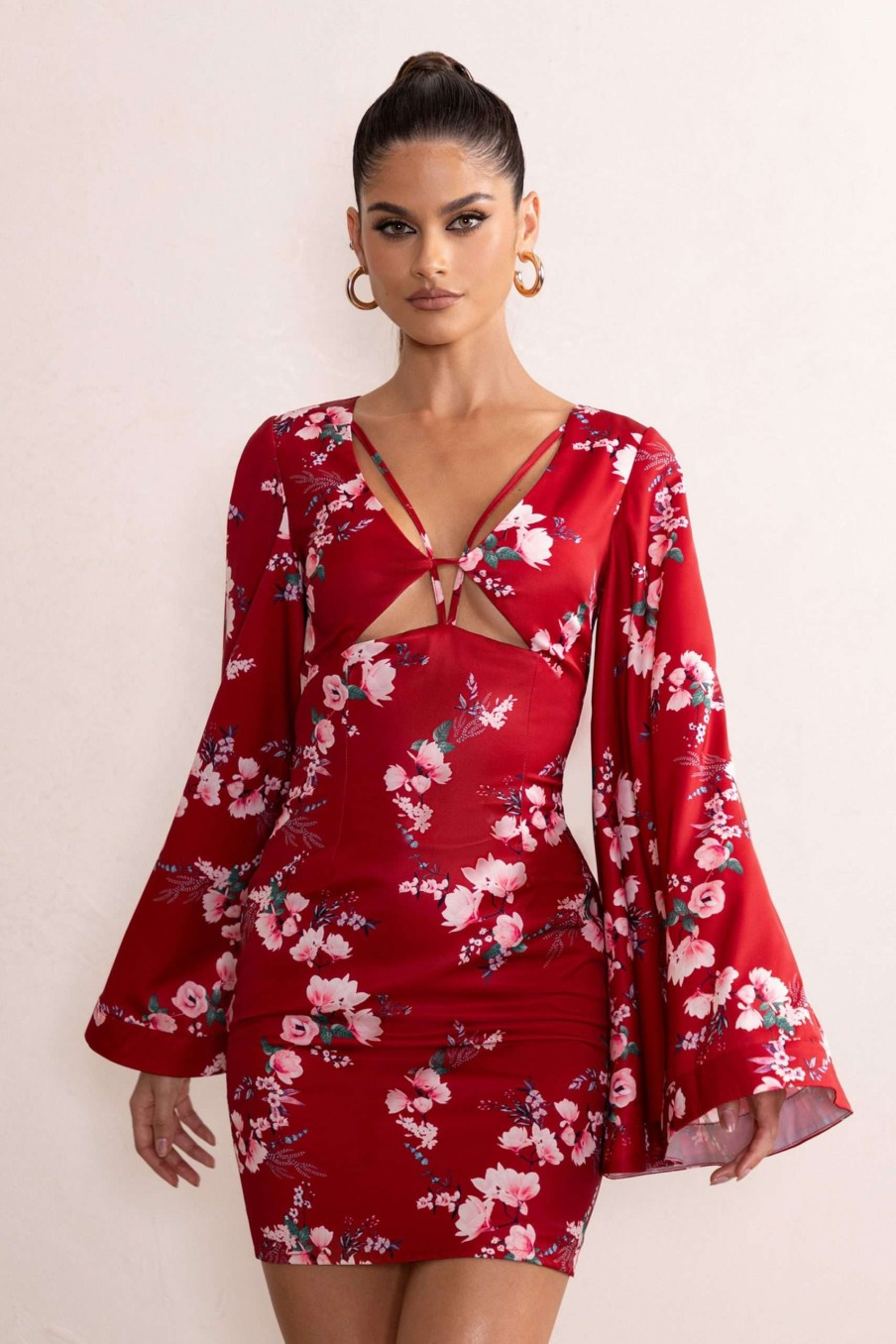 Dresses * | Aubrey | Red Floral Print Plunge Neck Kimono Sleeve Mini Dress Club L London Hot Selling